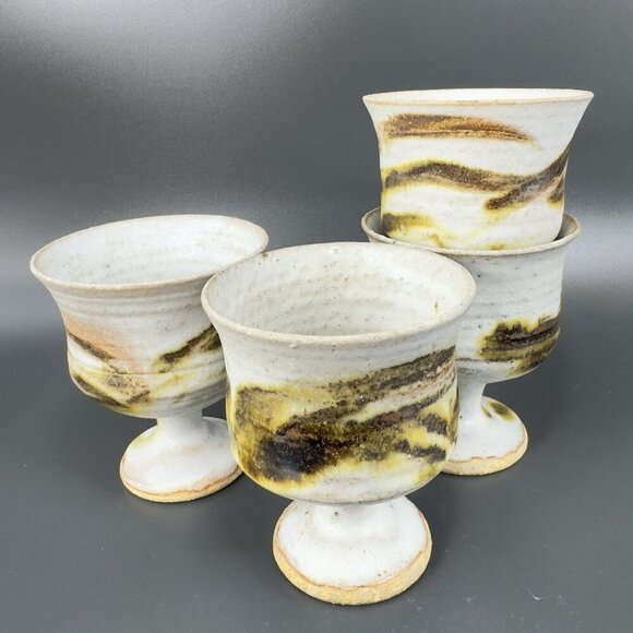 Vintage Hand Made Stoneware Pottery Footed Cups Goblets Set 4 Drip Glaze Cups - Picture 15 of 15